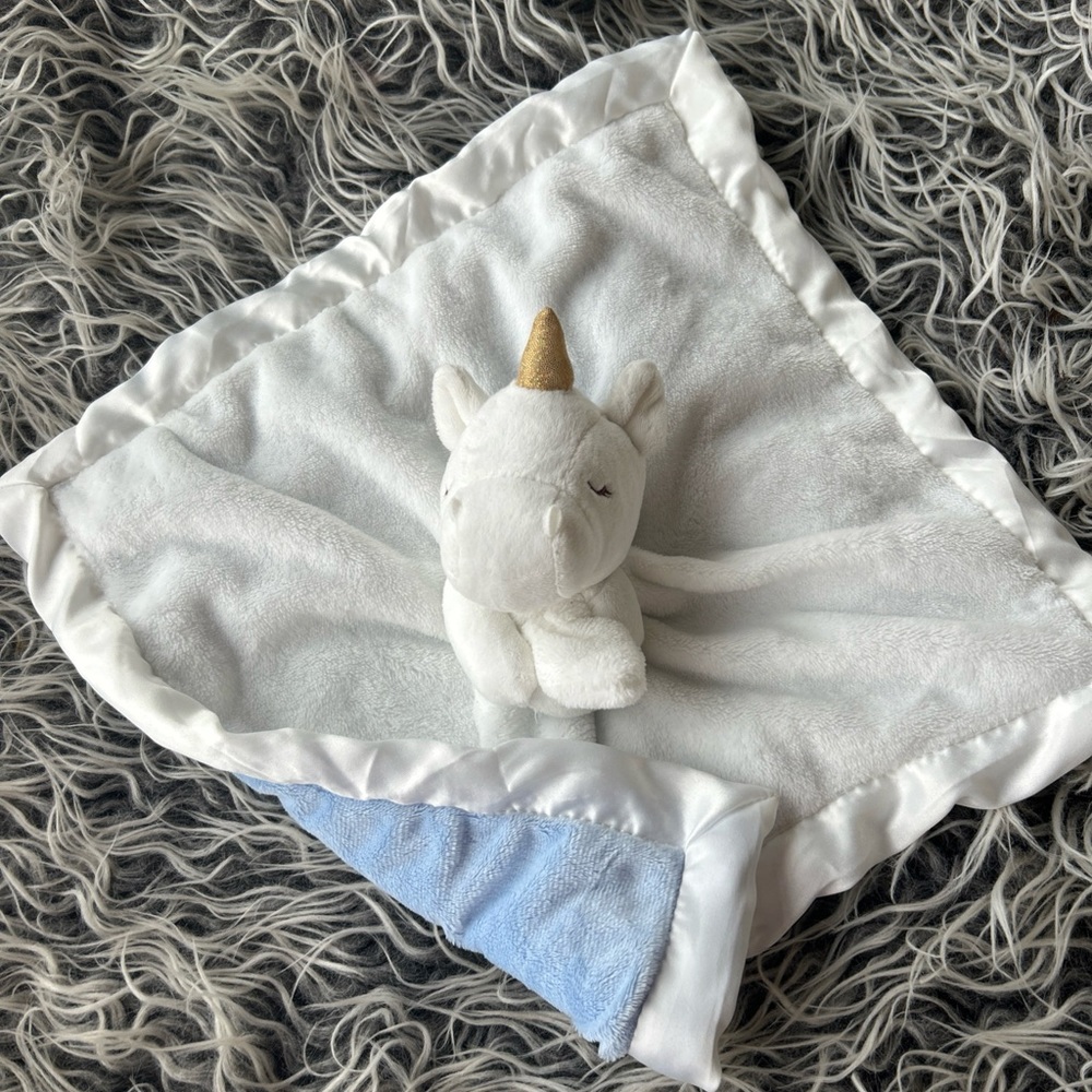 Carters Unicorn Lovey Security Blanket Plush Toy White Satin Trim Blue.